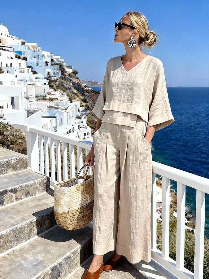 Women'S Casual Solid Color Cotton And Linen Top And Pants Two-Piece Set