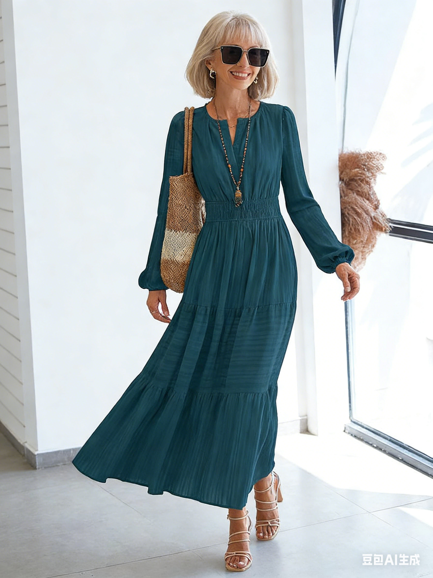 V-neck Pleated Waist Long-sleeved Dress