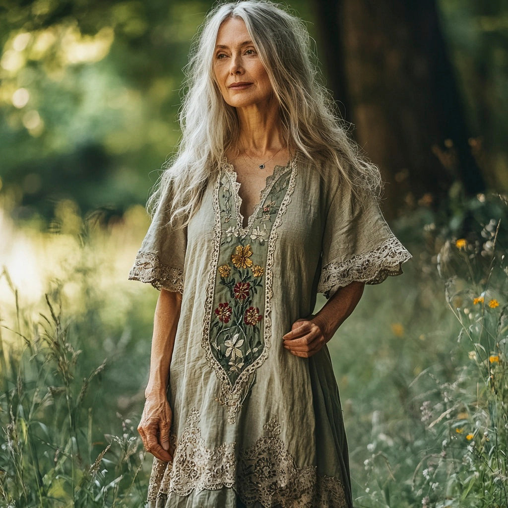 Forest Floral Embroidery Lace Trim Vintage Women's Linen Dress