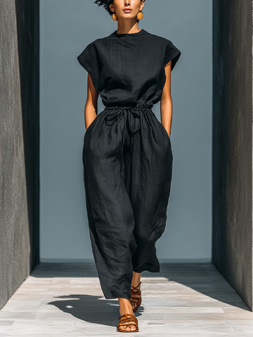 Women’s Black Linen-Blend Round Neck Cap Sleeve Drawstring Waist Backless Wide-Leg Jumpsuit MDZ2209D3T