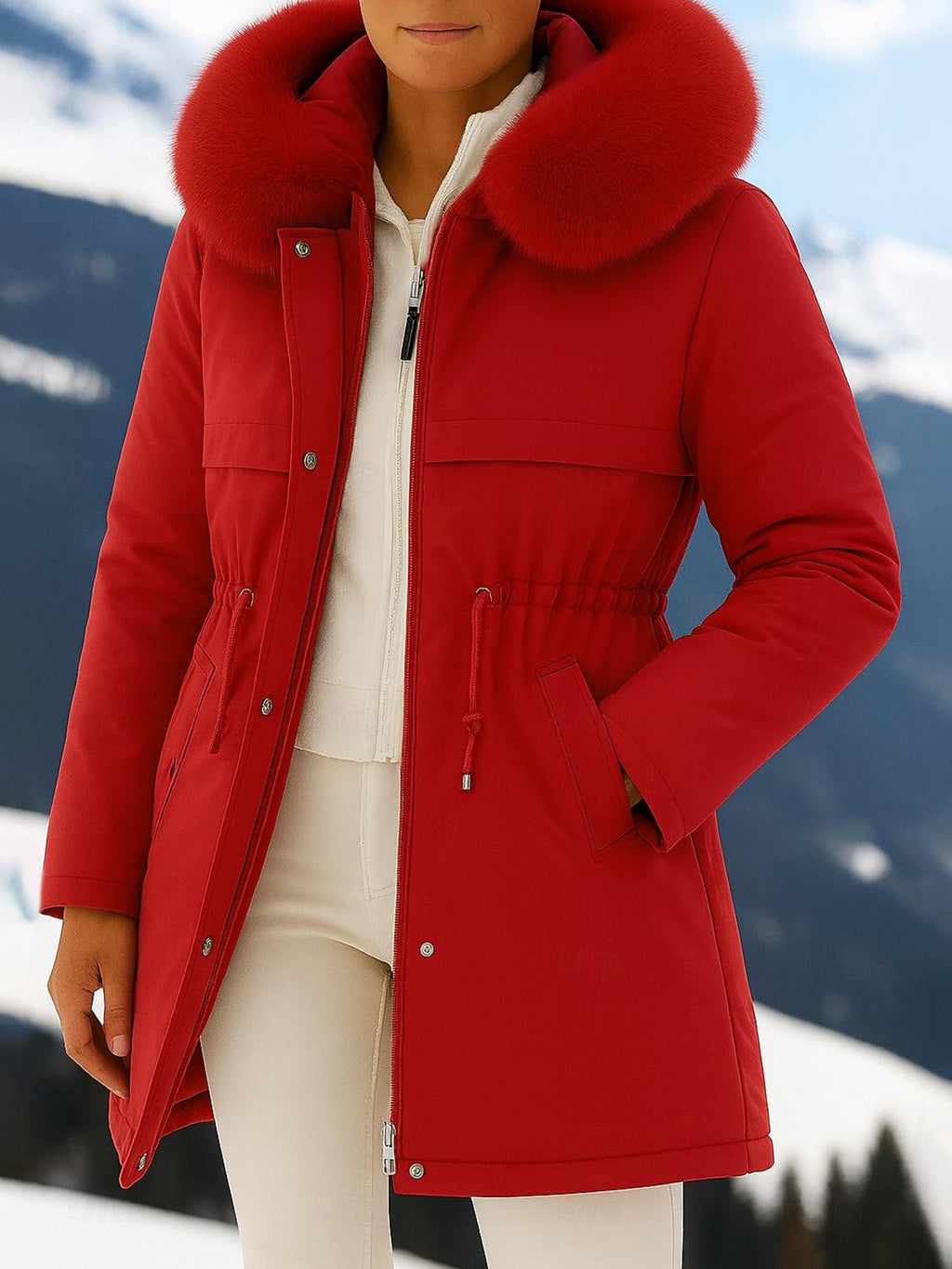 Outfits Cotton-padded Jacket Medium and Long, Large Fur Collar, Down Cotton-padded Jacket, Down Cotton-padded Jacket.