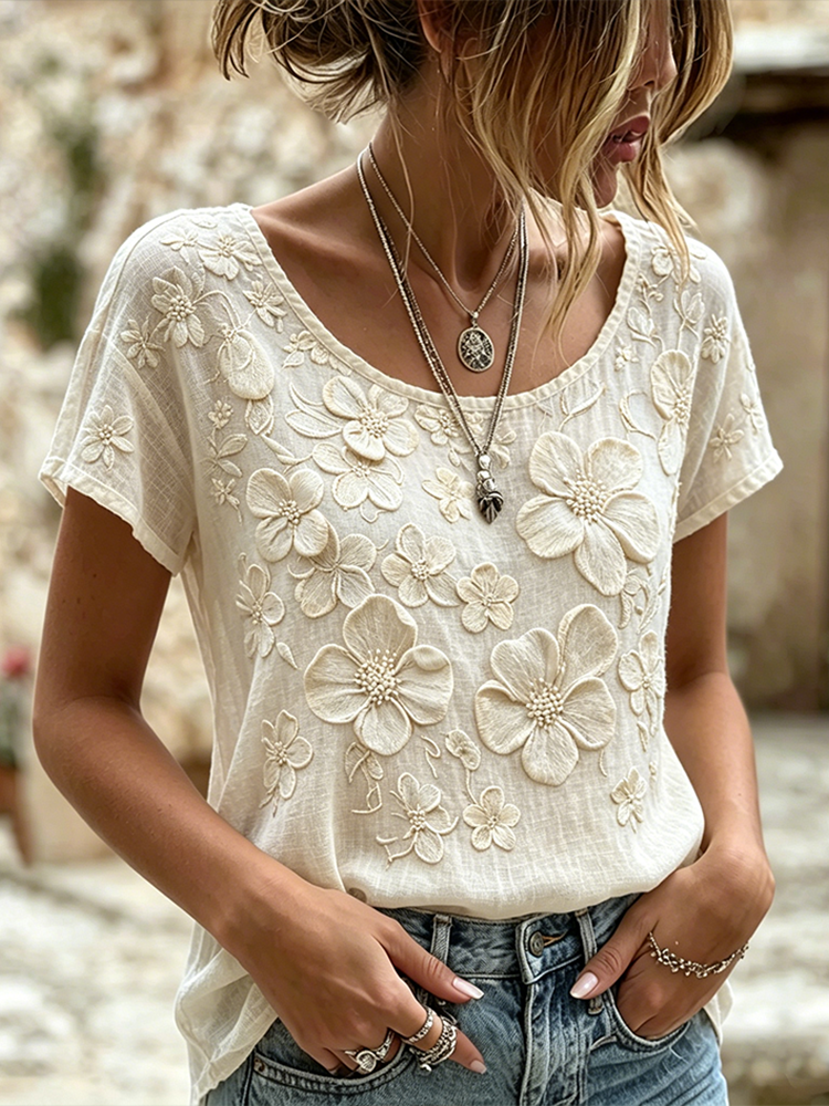 Floral Embroidery Pattern Design Casual Linen Top