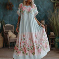 Women's Floral Art Embroidery Color Block Casual Cotton Linen Long Dress