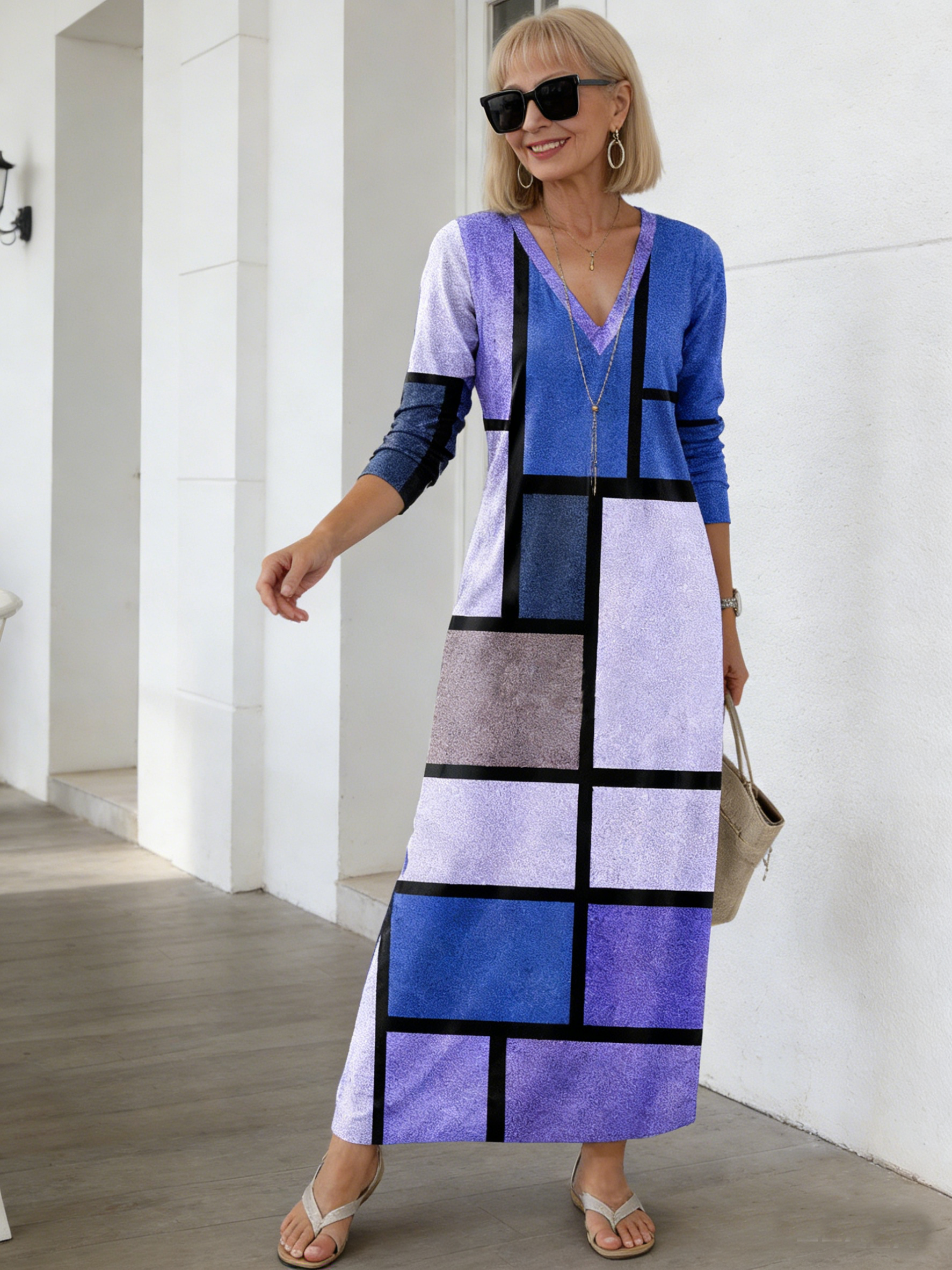 Digital Printing V-neck Long-sleeved Dress