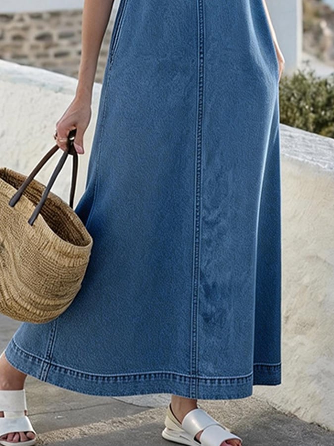 Women'S Round Neck Sleeveless Pocket Long Denim Dress