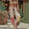 Vintage Retro Floral Patchwork Art Linen Pants