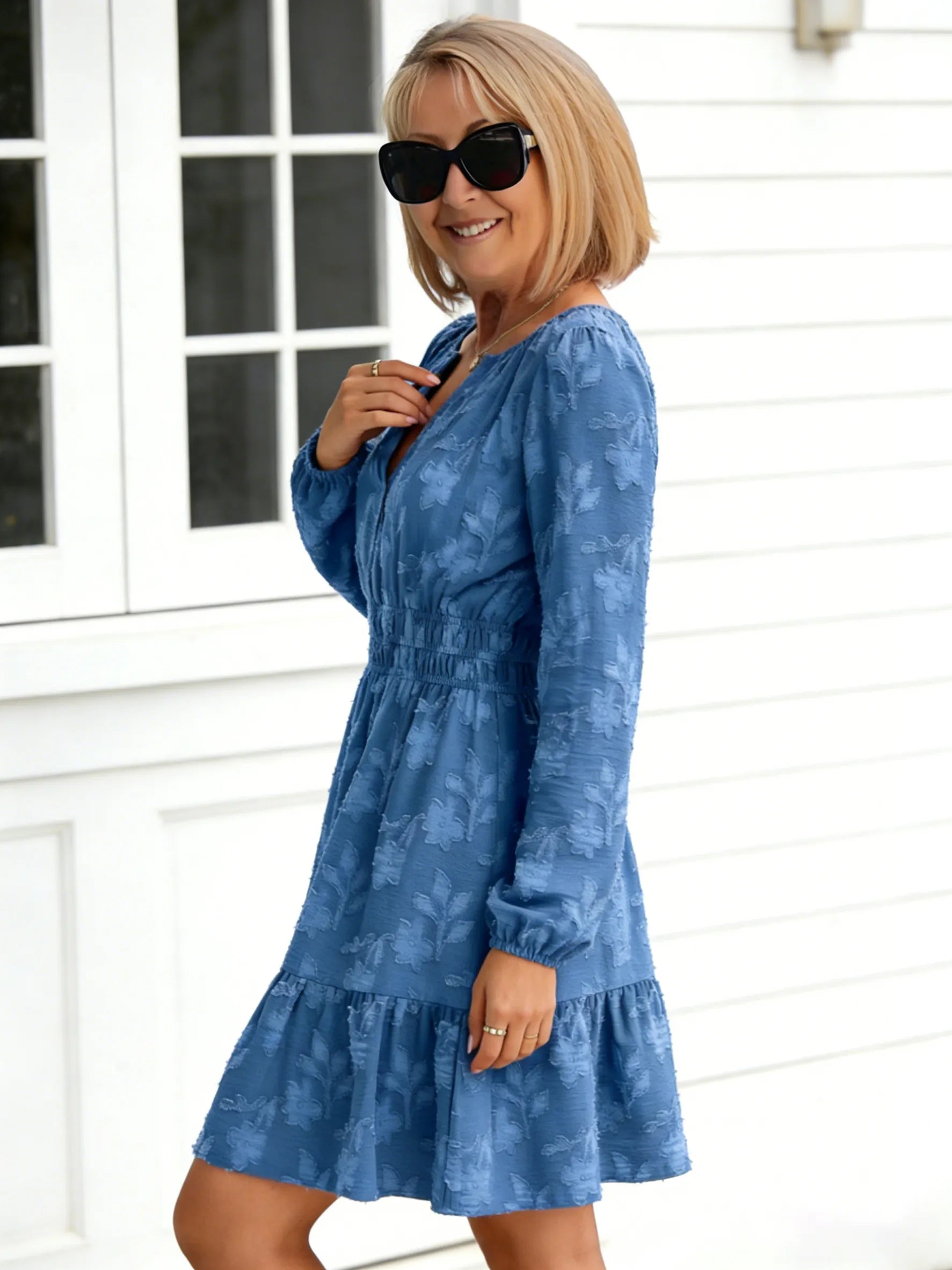 Jacquard V-neck Pullover Elastic Waist Pendulum Women's Long-sleeved Ruffle Edge Dress