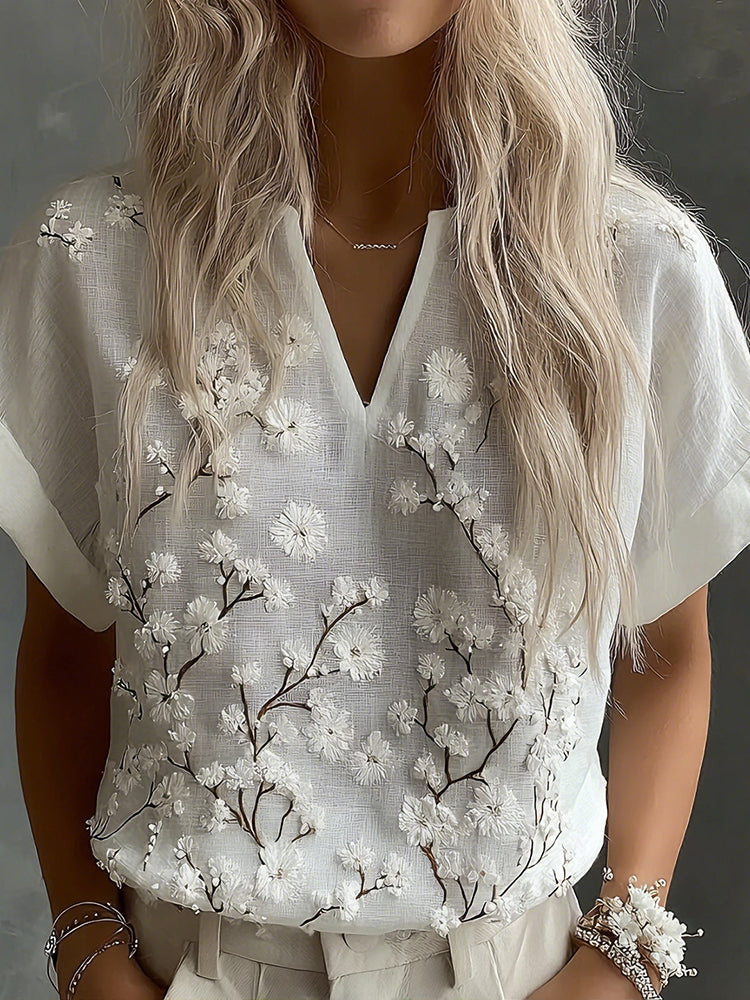 Women's Vintage Floral Embroidery Art V-neck Linen Blend Short Sleeve Top