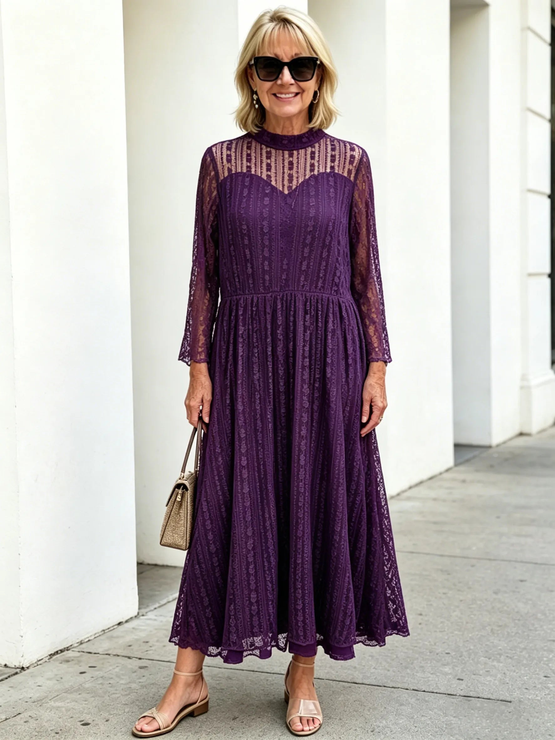Purple Lace Midi Dress, Mock Neck Sheer 3/4 Sleeve Elastic Waist Slimming Swing Dress for Mature Women