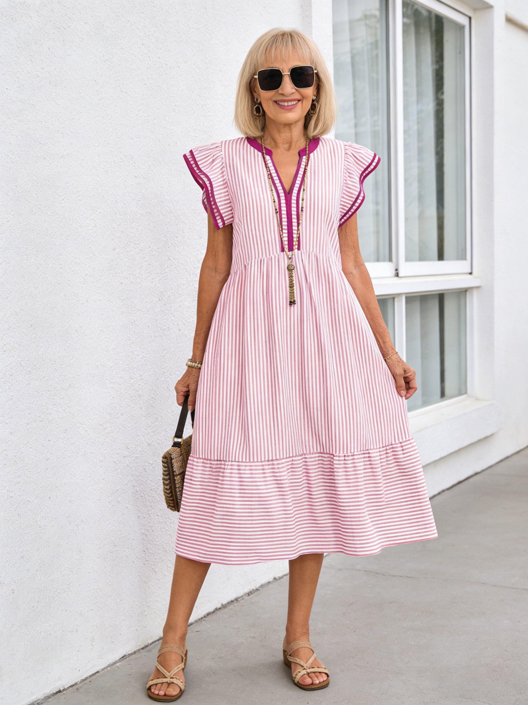 Striped Double Frilly Short Sleeve Contrast V-Neck Skirt