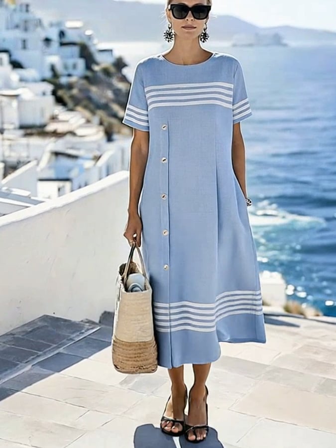 Women'S Casual Color-Block Cotton And Linen Dress