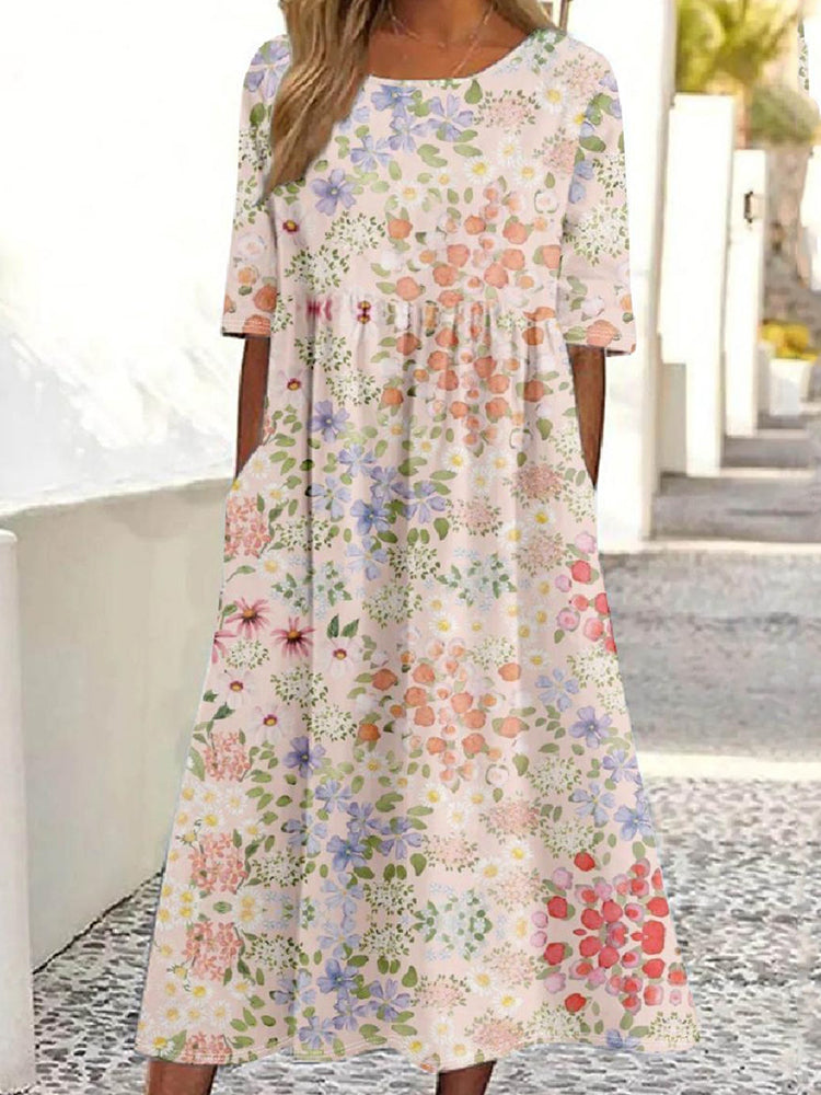 Women's Floral Print Crew Neck Linen Blend Casual Midi Dress