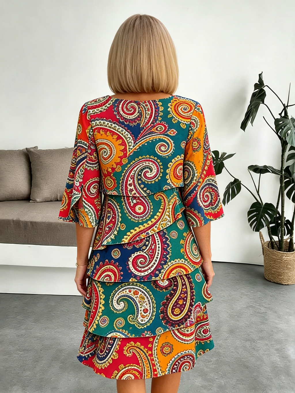 Chiffon Paisley Vacation Prints Color Round Neck Cake Skirt Splicing Dress Mid-length