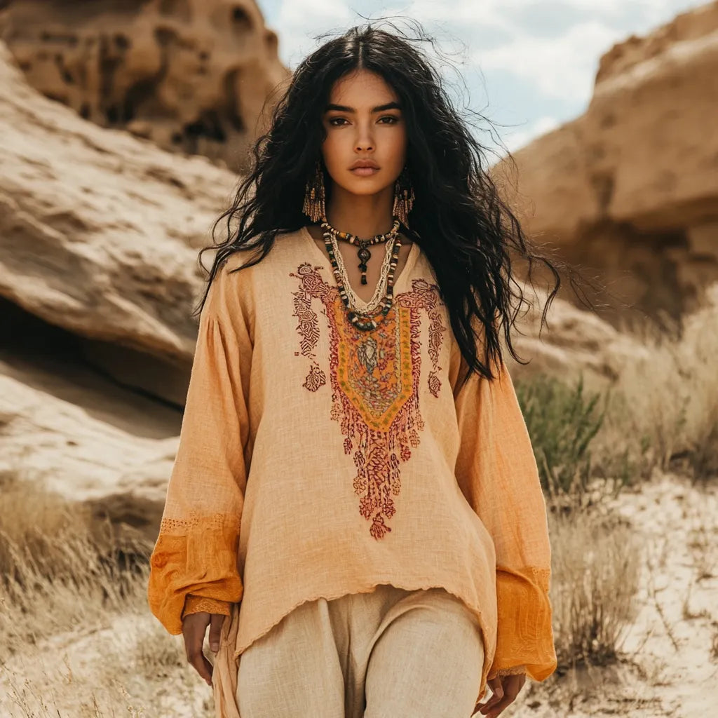 Desert Style Holiday Bohemian Vintage Linen Casual Top