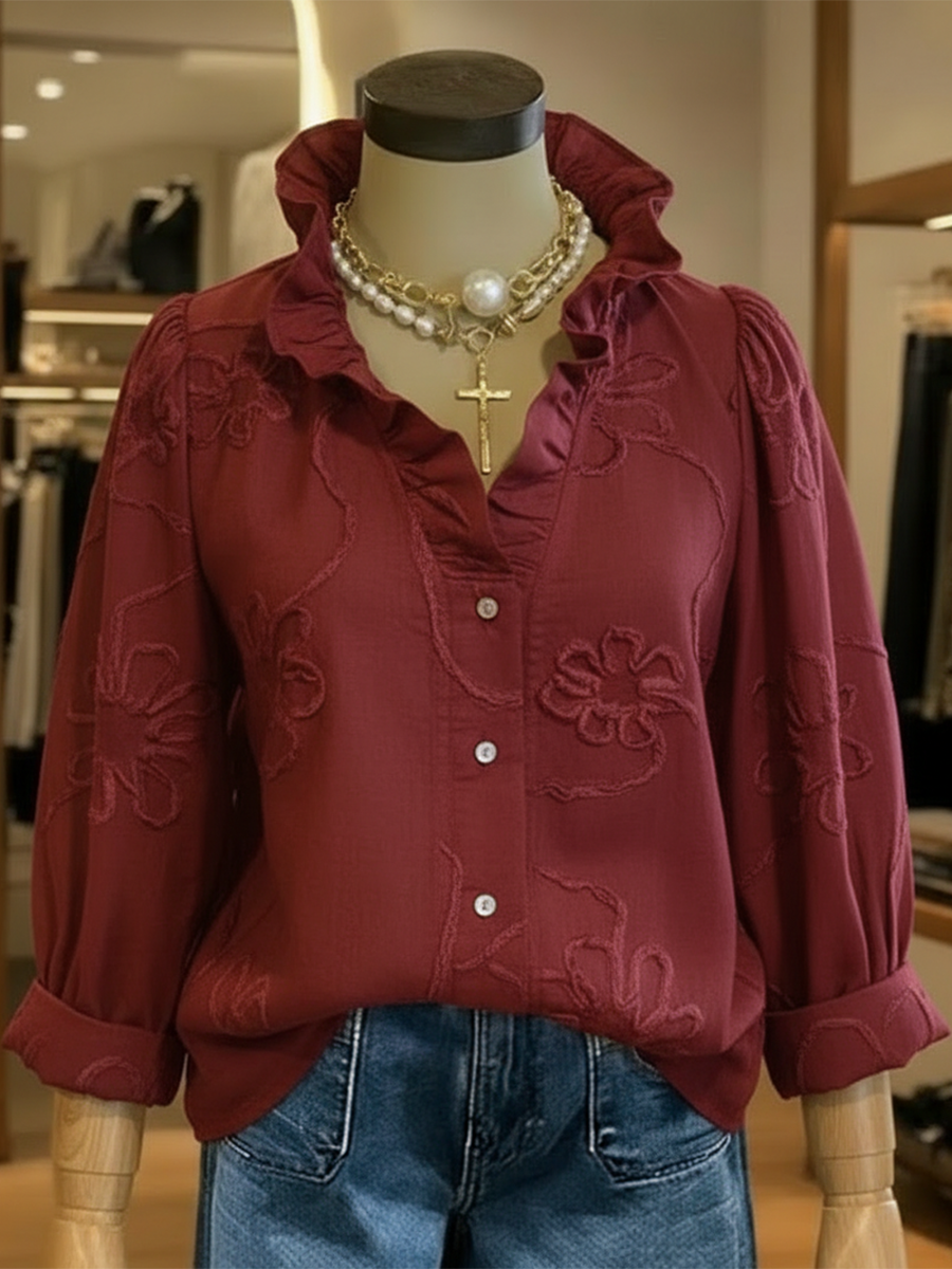 Casual Romantic Ruffled Collar Cotton Shirt