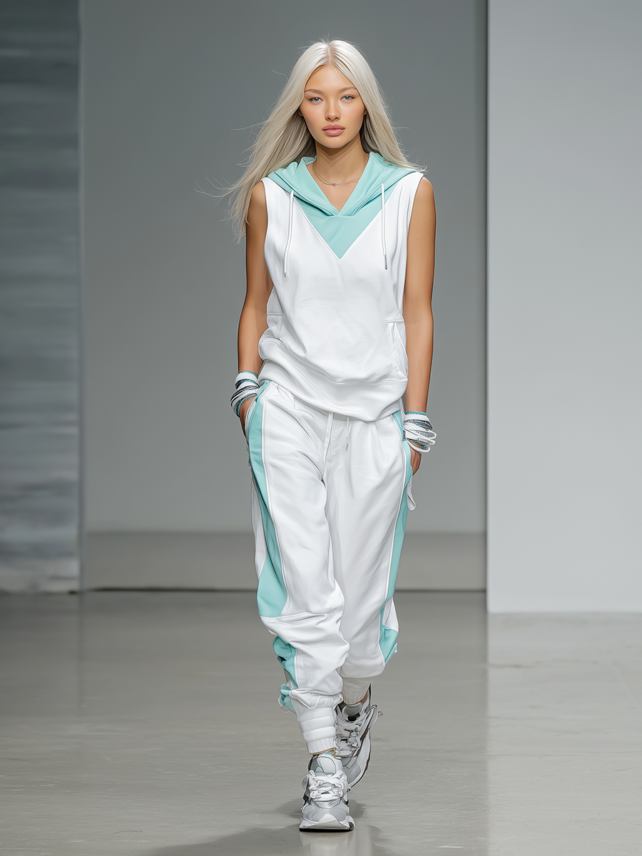 Women's Athleisure White And Teal Hooded Tracksuit MDZ2491D6ZJW