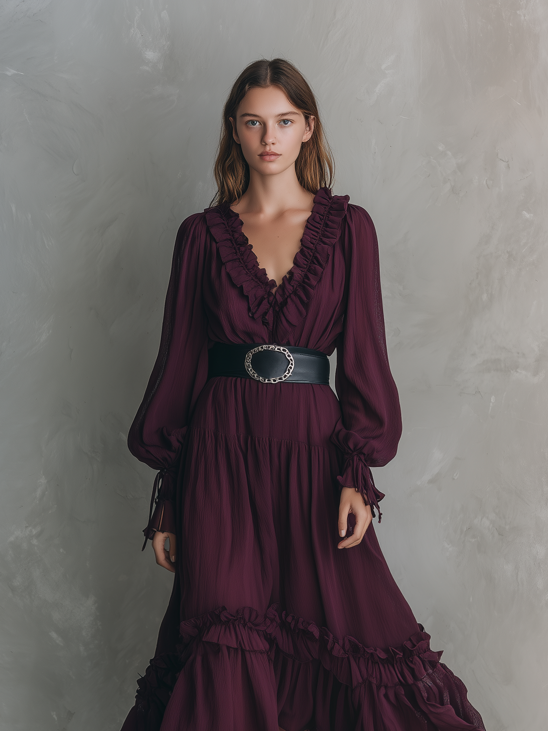 Women's Casual Fuchsia Chiffon V-Neck Long-Sleeve Midi Dress (Belt Not Included) MDZ2779D5LXY