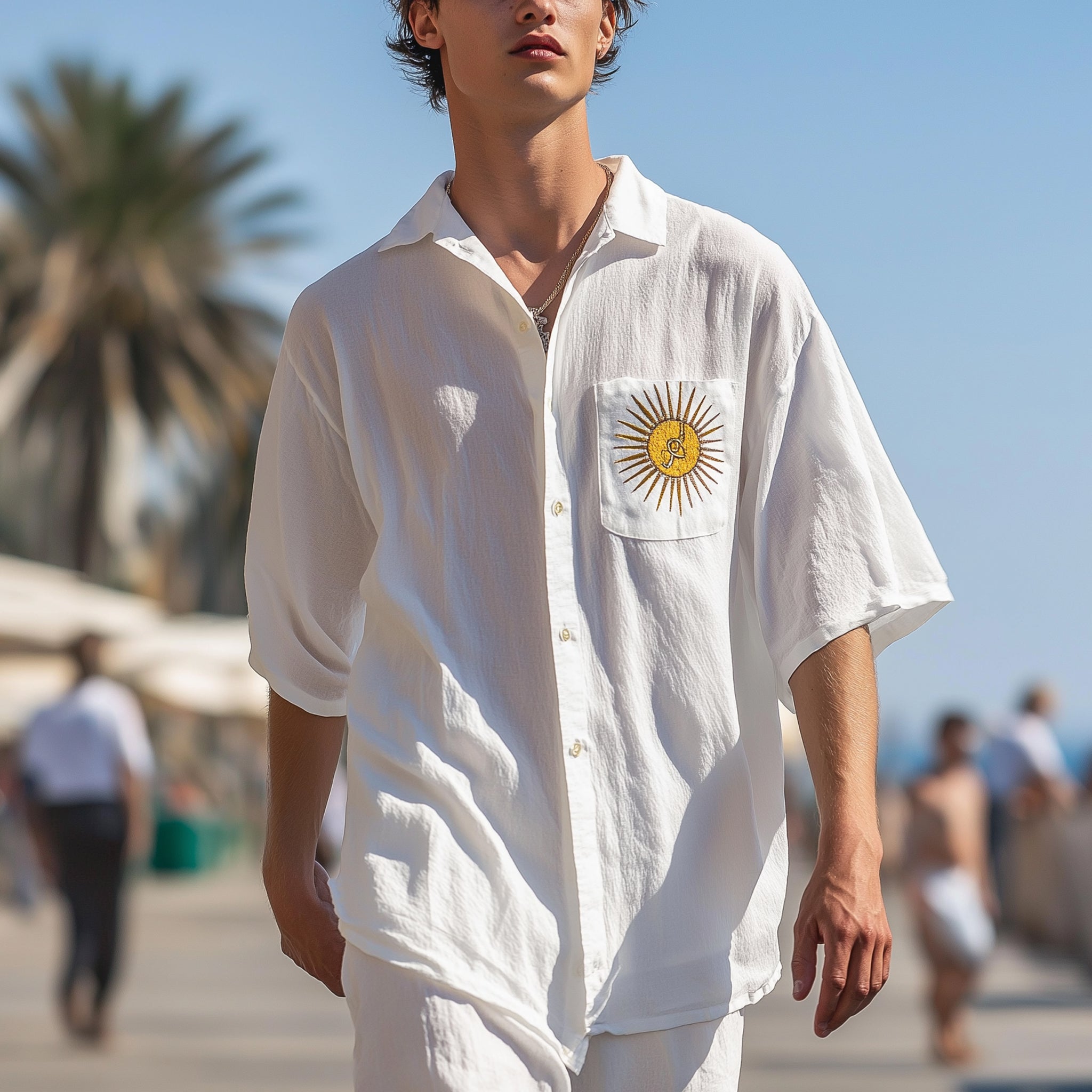 Casual White Shirt With Sunburst Embroidery