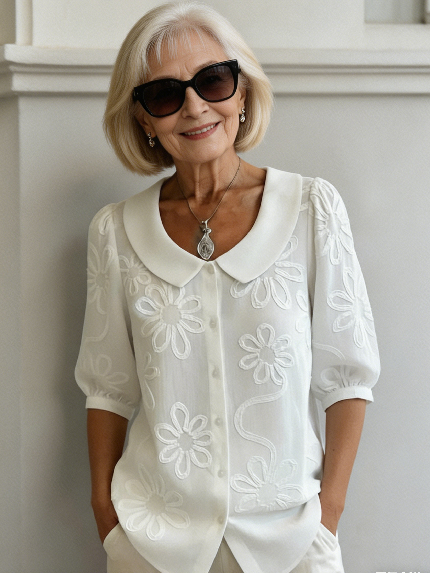 Loose Casual Vintage Button Embroidered Floral Medium Sleeve Shirt