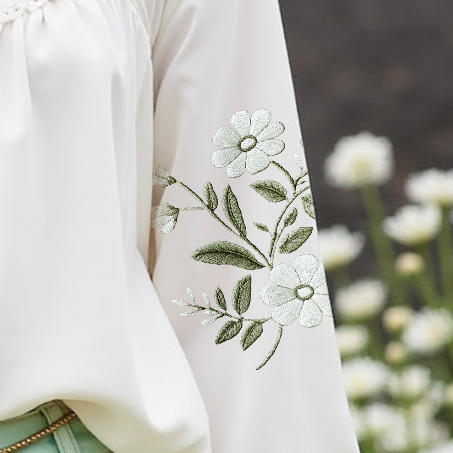 Women's Elegant Flower Embroidered Long Sleeve Shirt