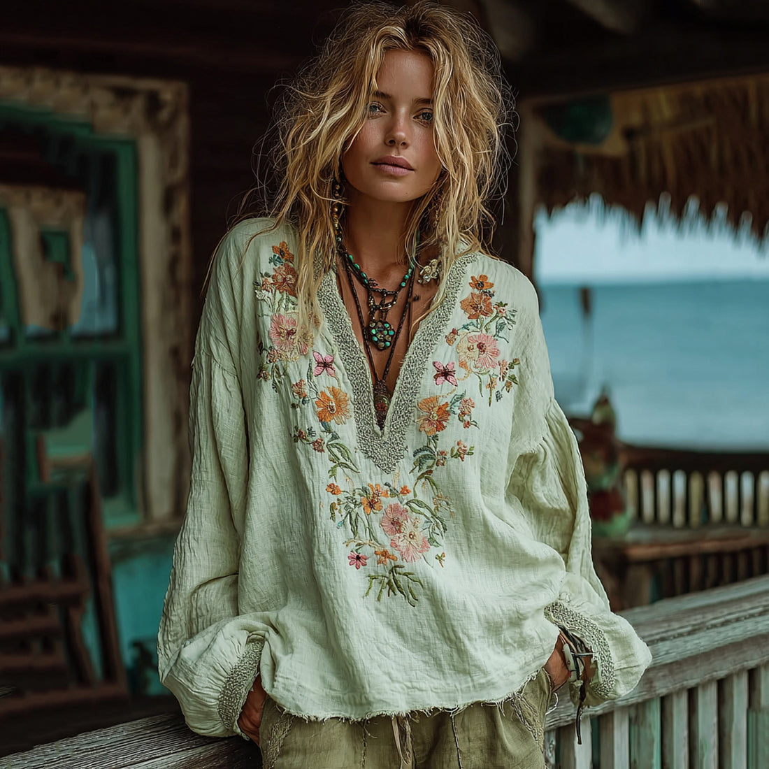 Women's Vacation Boho Floral With Butterfly Print V-neck Linen Blend Tops