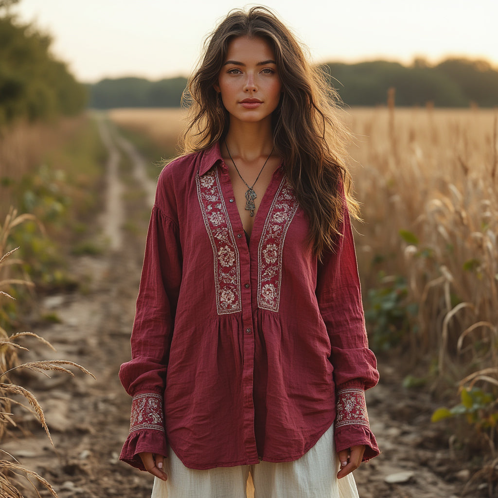 Women's Casual Cotton And Linen Retro Long-sleeved Shirt