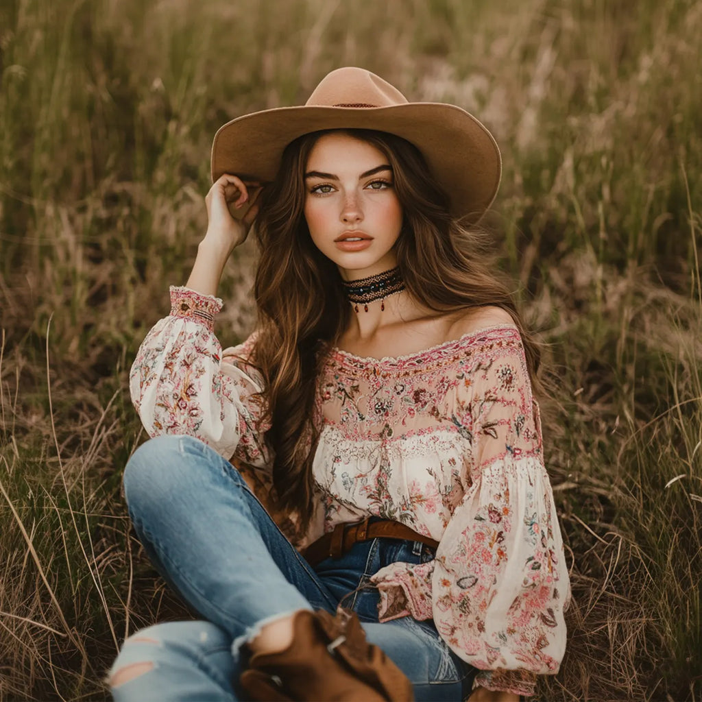Women's Bohemian Floral Embroidered Blouse With Wide Brim Hat