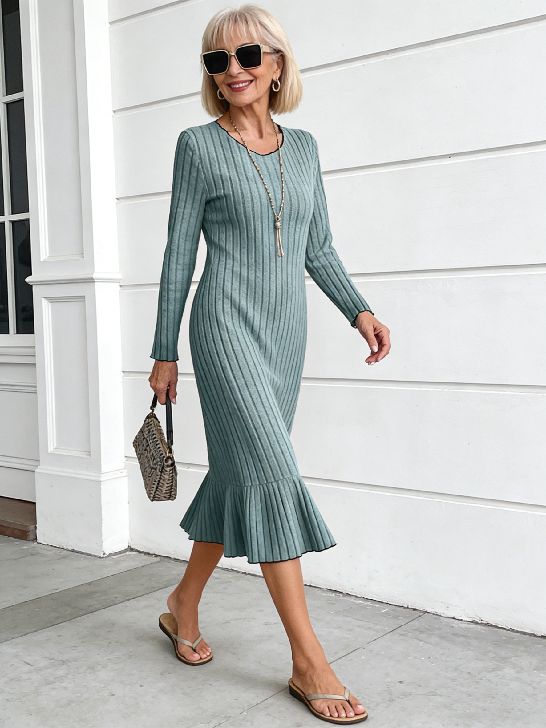 Dress Long Sleeves Solid Color, Fungus Edge Fashion Women's Clothing