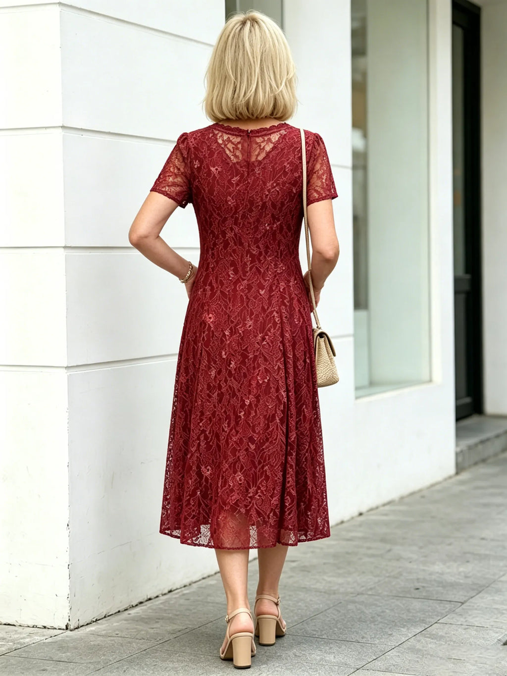 Red Floral Lace Midi Dress, V-Neck Short Sleeve Cinched Waist Slimming Dress for Mature Women