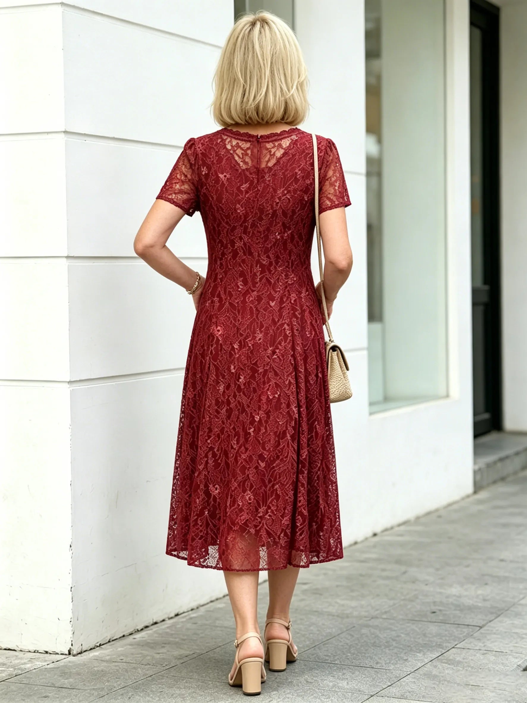 Red Floral Lace Midi Dress, V-Neck Short Sleeve Cinched Waist Slimming Dress for Mature Women