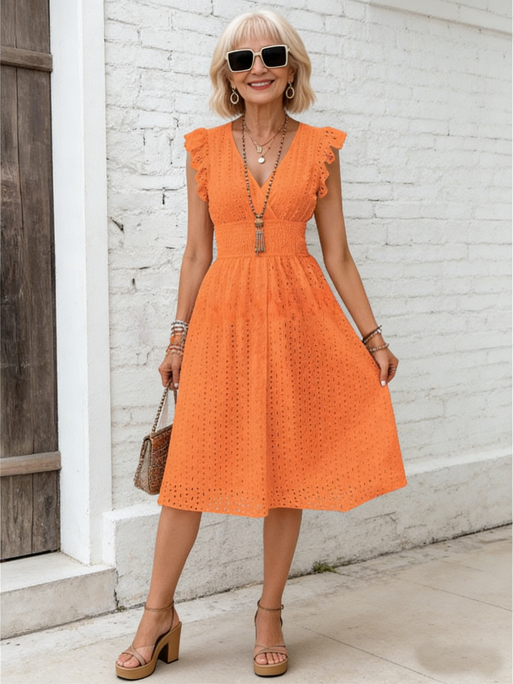 Cotton Lotus Leaf Sleeves Elegant and Thin V-neck Women's Fashion Hollow Dress