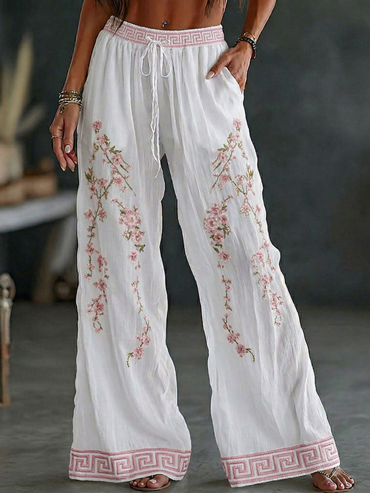 Women's Japanese Flower Art Print Wide Leg Linen Pants