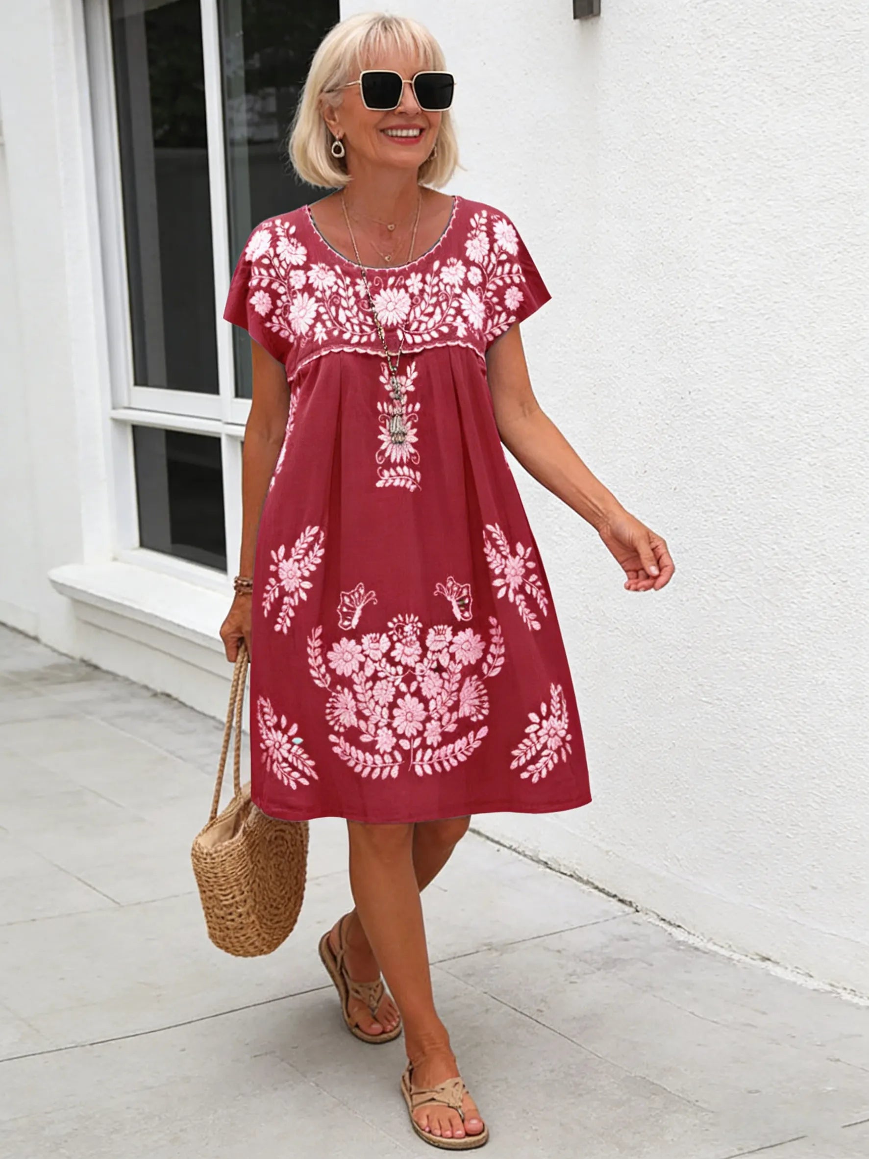 Ethnic Style Round Neck Shoulder Short Sleeve Dress Women's Clothing