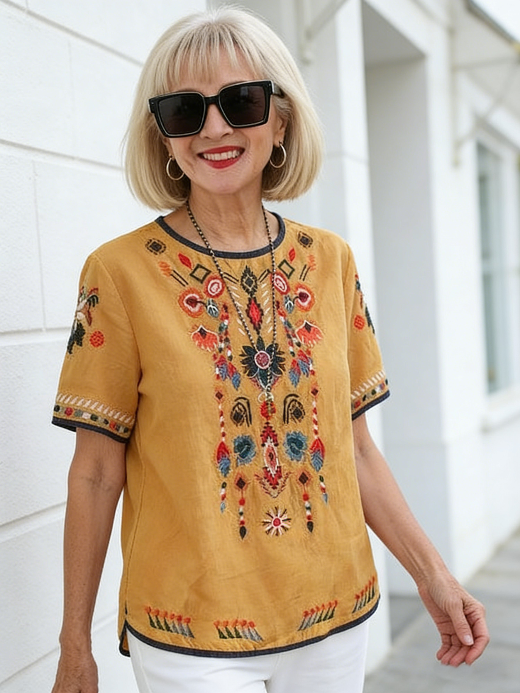 Embroidery Slim Fit Ethnic Linen T-Shirt Top