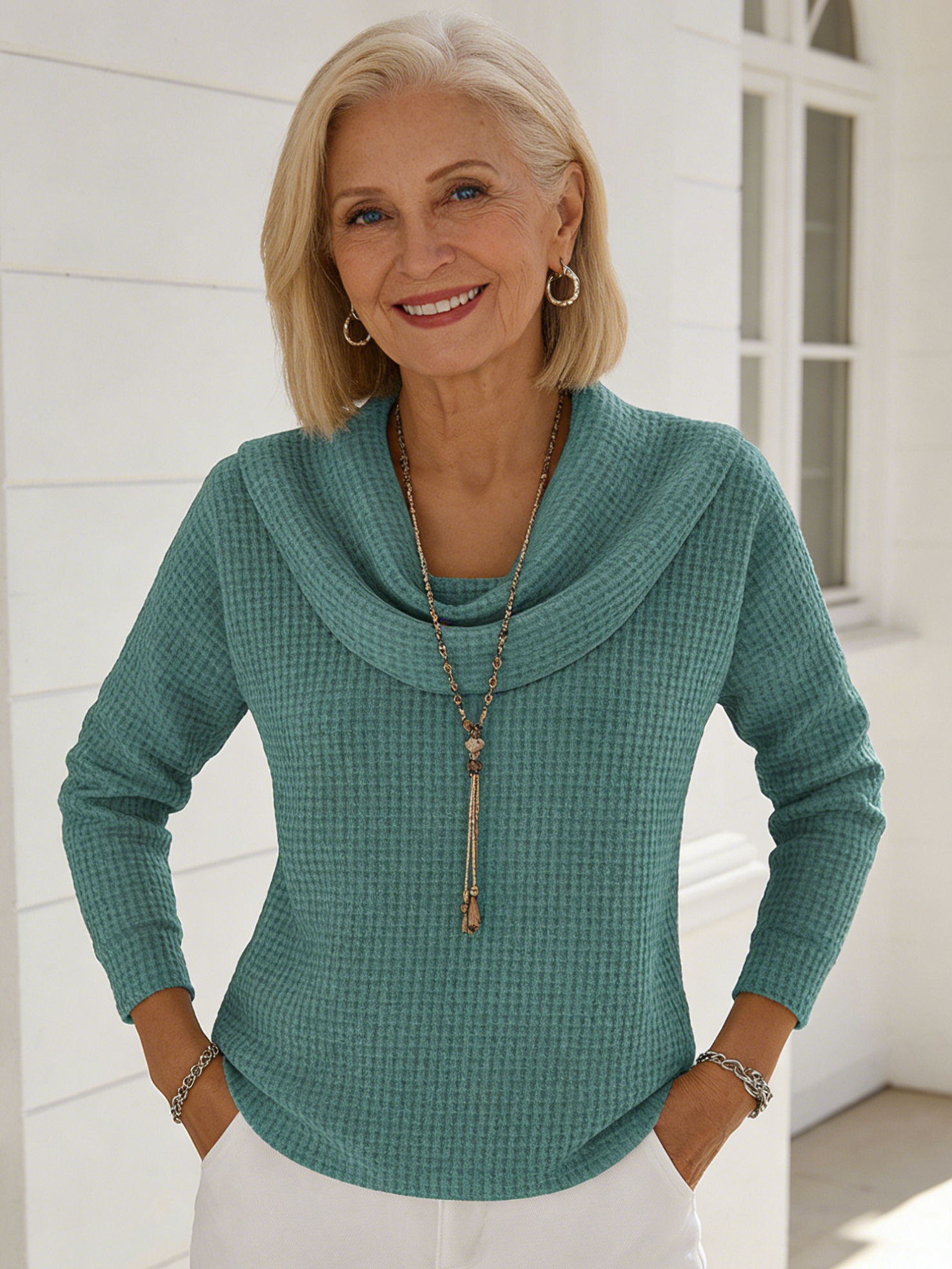 Casual Loose Fashion Solid Color Waffle Long Sleeve Pullover
