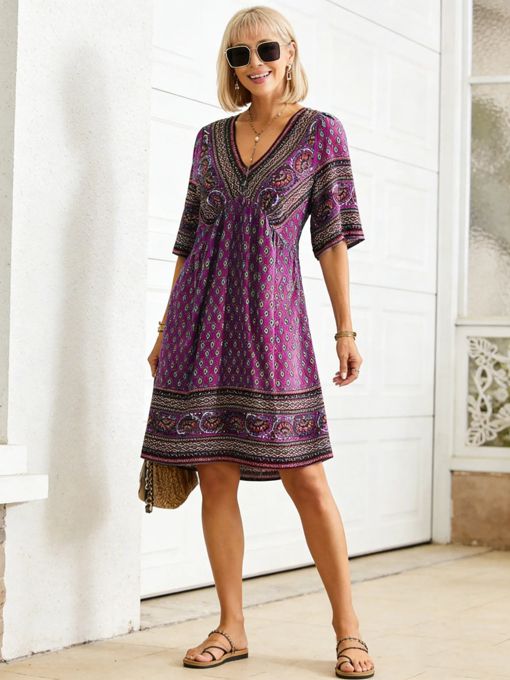 Vacation Deep V Print Casual Ethnic Style Dress