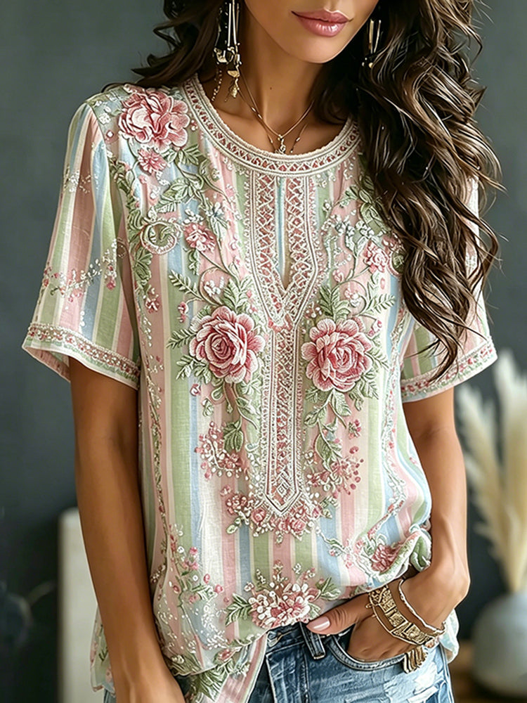 Women's Vintage Floral Vine Art Embroidery Patchwork Cotton Linen Top