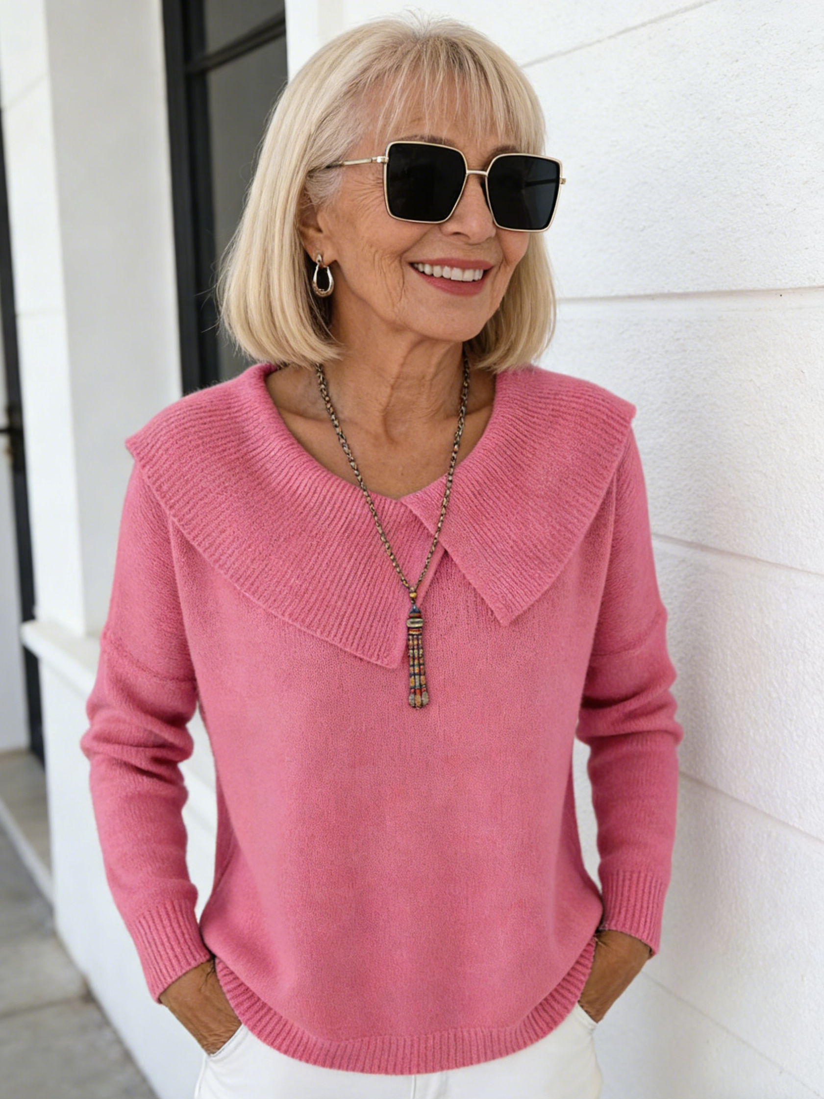 Fashion Temperament Slimming Lapel Sweater Versatile Knitting Lazy Temperament
