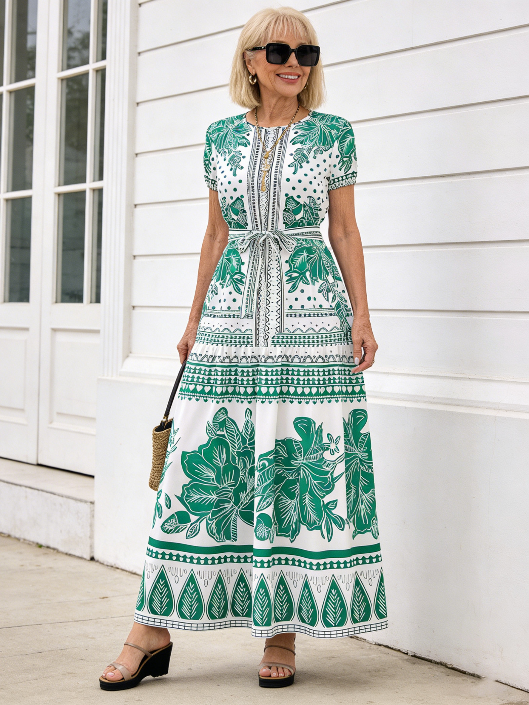Boho Print Temperament Simple Lace-up Crew Neck Dress Vacation