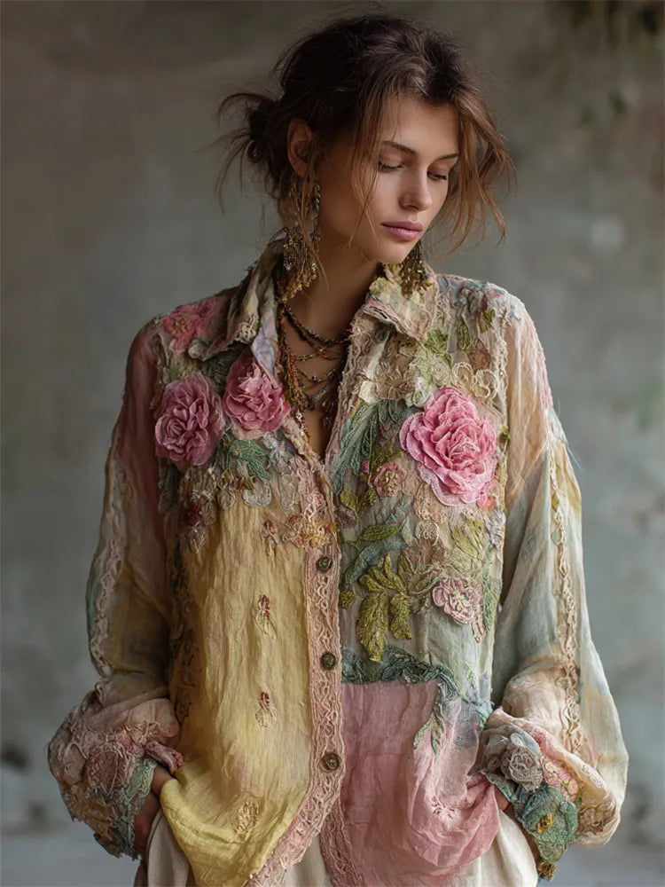 Boho Pink Roses Embroidered Colorblock Lace Stitched Linen Blouse