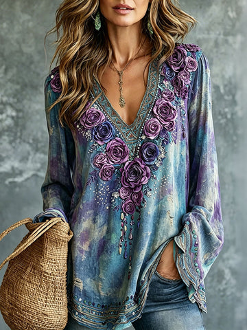 Women's Romantic Floral Art Linen Blend V Neck Long Sleeve Tops
