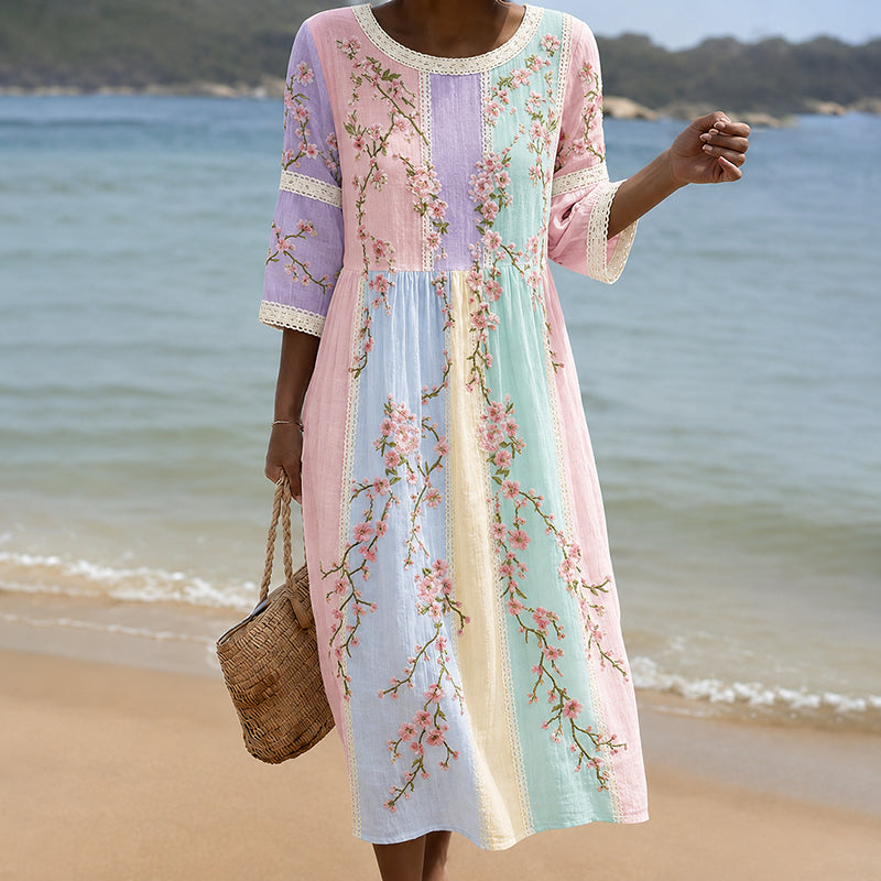 Women's Vintage Patchwork Floral Embroidered Art Midi Dress