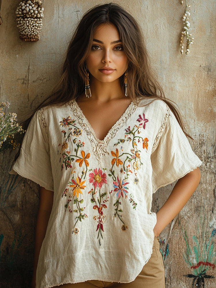 Women's Vintage Bohemian Floral Print V Neck T-shirt