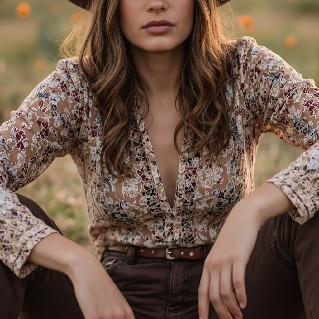 Women's Bohemian Floral Blouse With Elegant Flare Sleeves