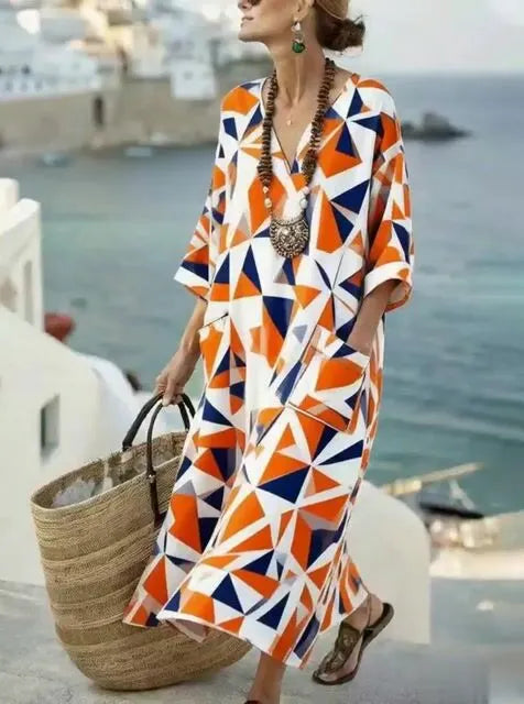 Women'S Casual Color-Block Cotton And Linen Dress