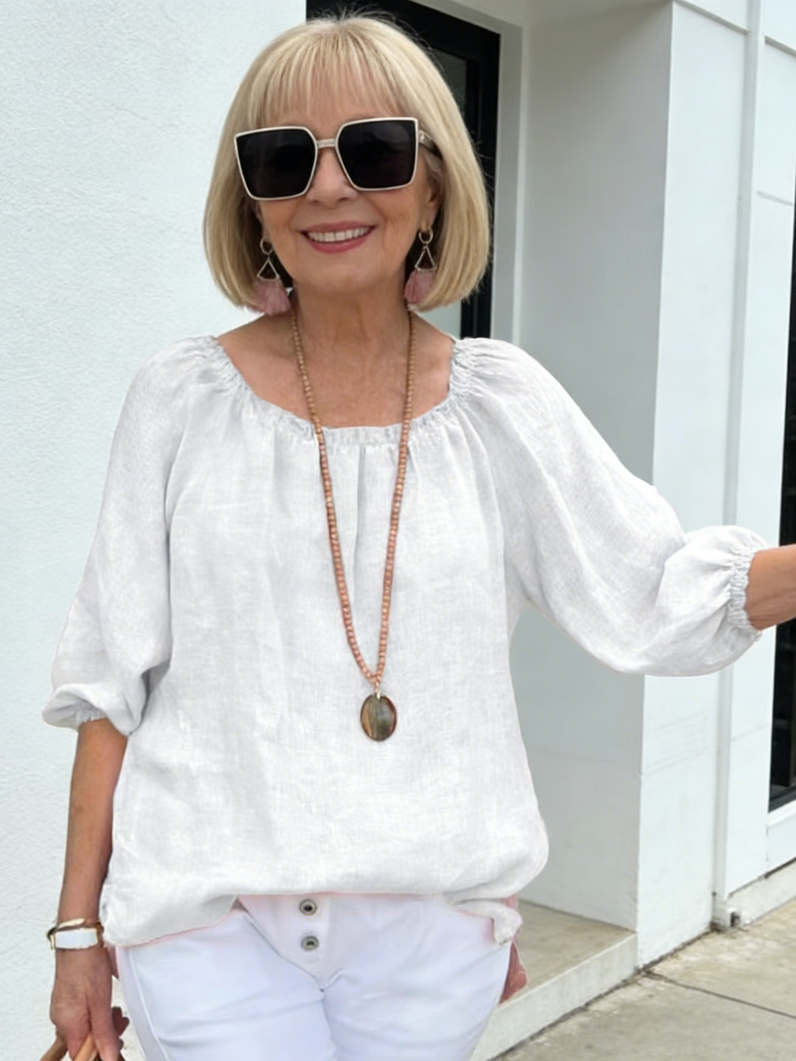Solid Color Round Neck Medium Sleeve Pullover Cotton and Linen Casual Top