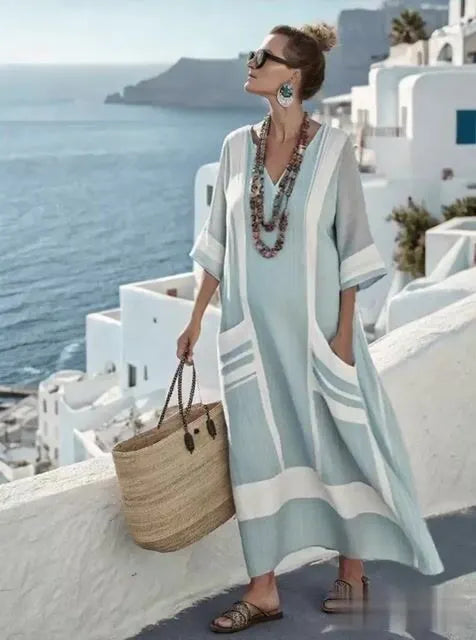 Women'S V-Neck Half Sleeve Striped Printed Cotton And Linen Dress