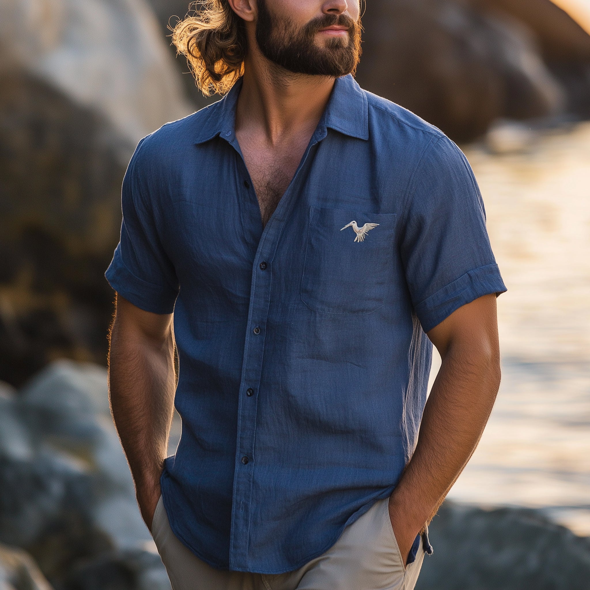 Casual Blue Button-Up Shirt With Embroidered Bird Design