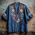 Boho & Ethnic Floral Embroidery Women's Linen V-neck Shirt