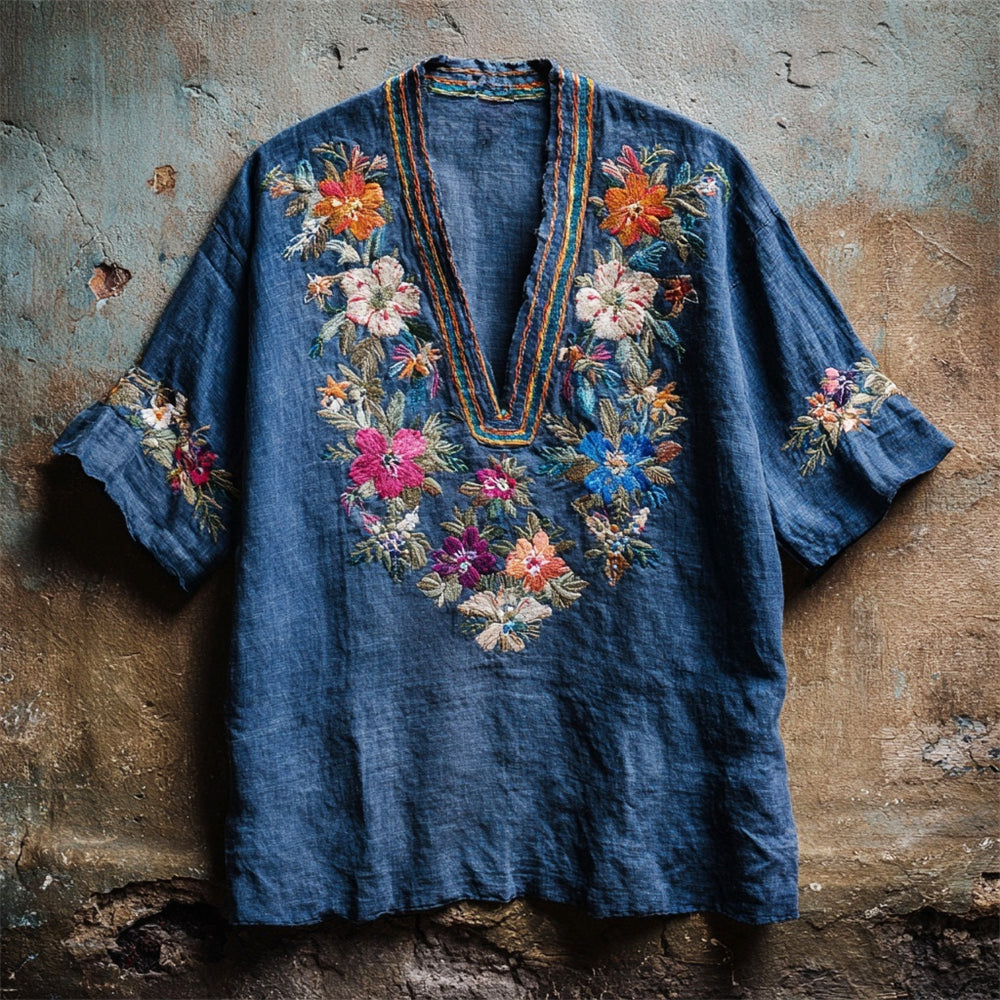 Boho & Ethnic Floral Embroidery Women's Linen V-neck Shirt